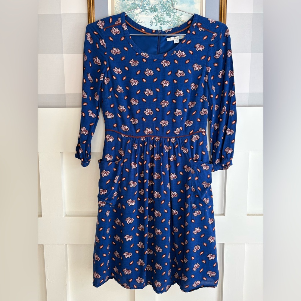 Boden Blue Midi Dress with Pink Floral Print 6 Whimsical Boho